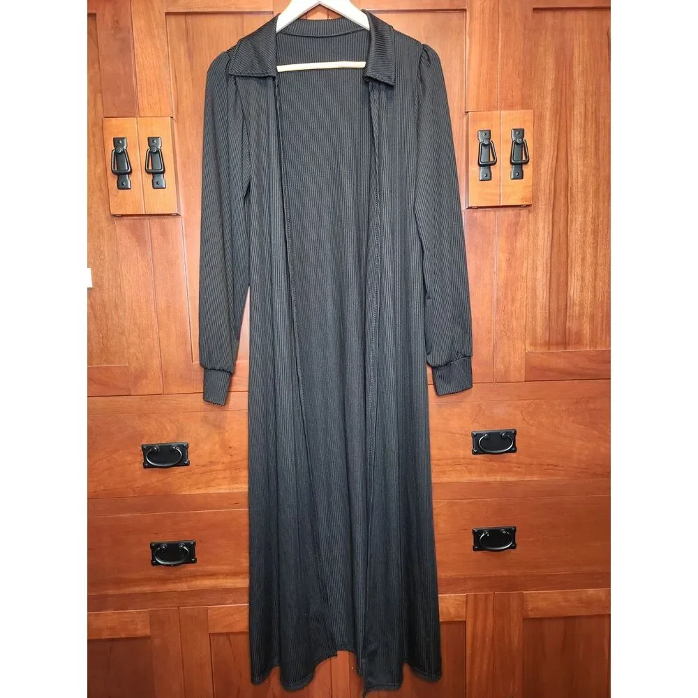 Black Ribbed Lounge Set with Robe and High Rise Bottoms Women's Size Large